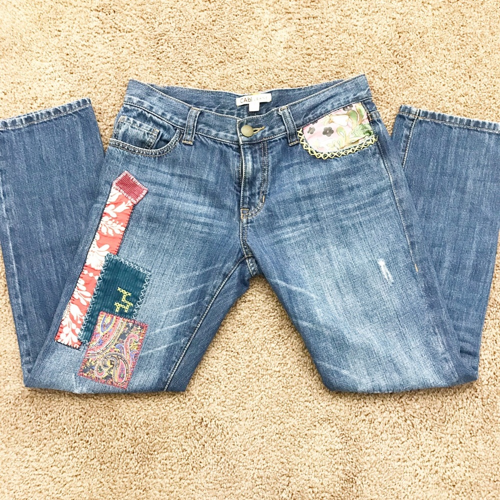 CAbi Patchwork Cropped Distressed Zip Jeans Size 2